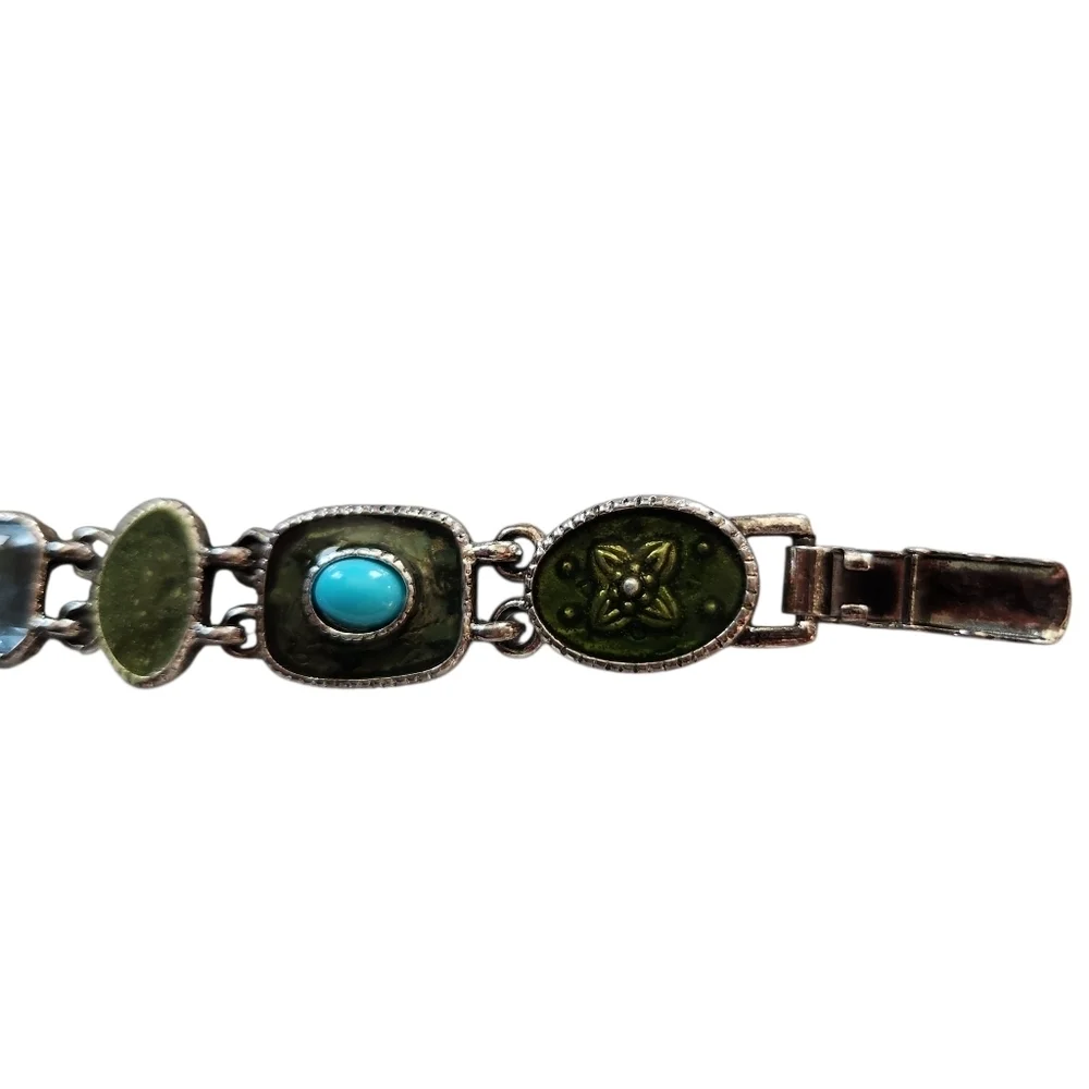 Vintage Liz Claiborne Silver Tone Enamel Resin Link Bracelet